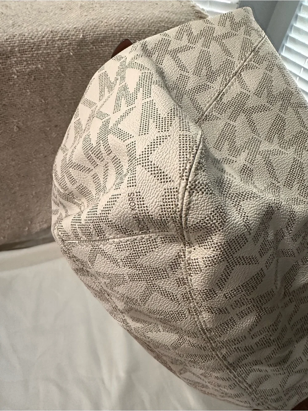 Michael Kors Cream MK Monogram Tote with Brown Trim